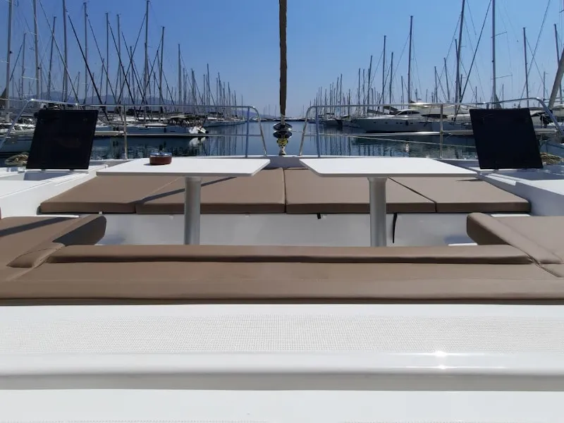 Deck of Nolima, a Bali 4.1 catamaran at Kontokali, Greece