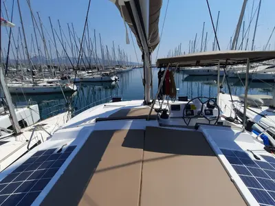 Cockpit of Nolima, a Bali 4.1 catamaran at Kontokali, Greece