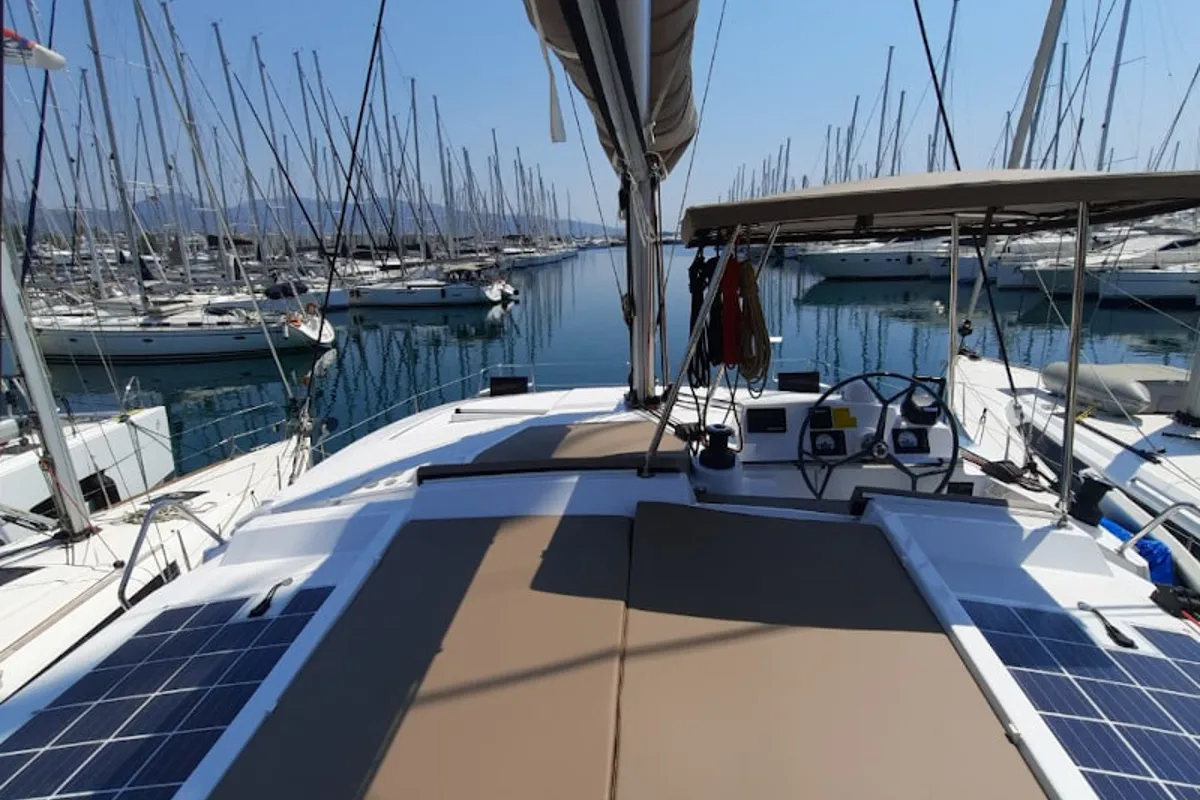 Cockpit of Nolima, a Bali 4.1 catamaran at Kontokali, Greece
