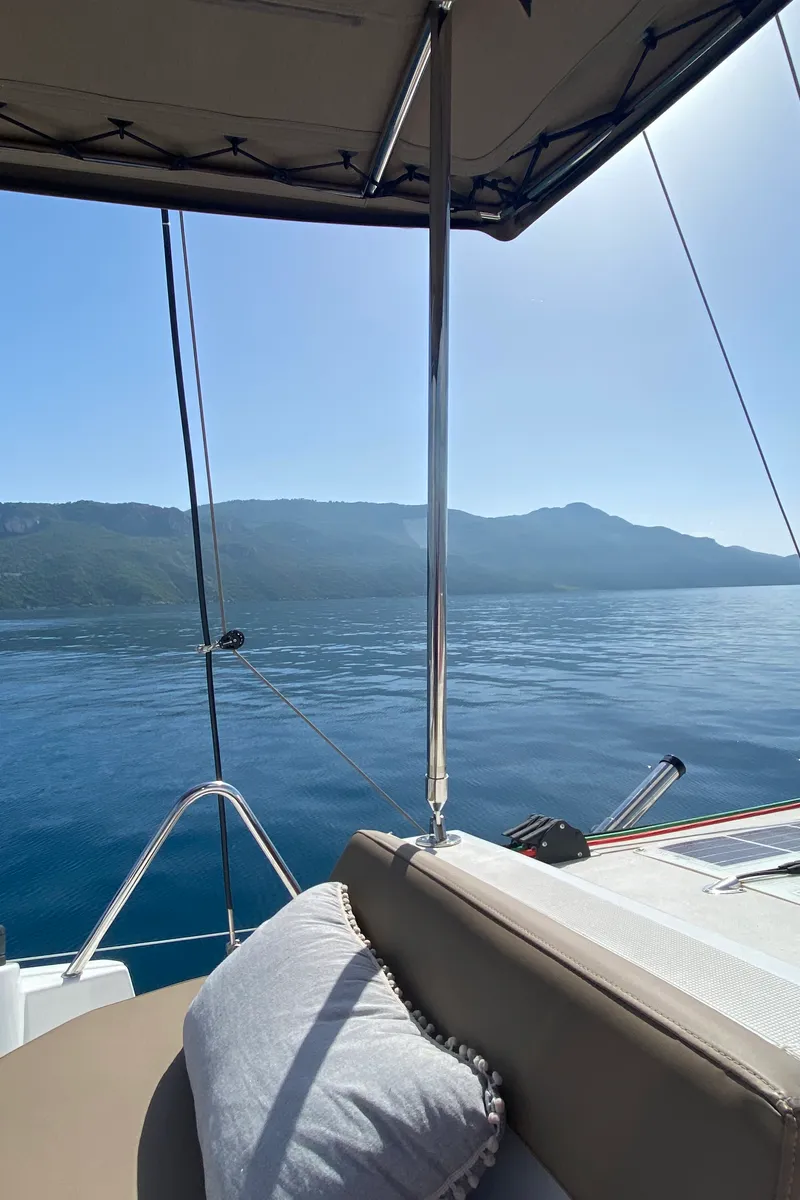 Cockpit of Nolima, a Bali 4.1 catamaran at Kontokali, Greece