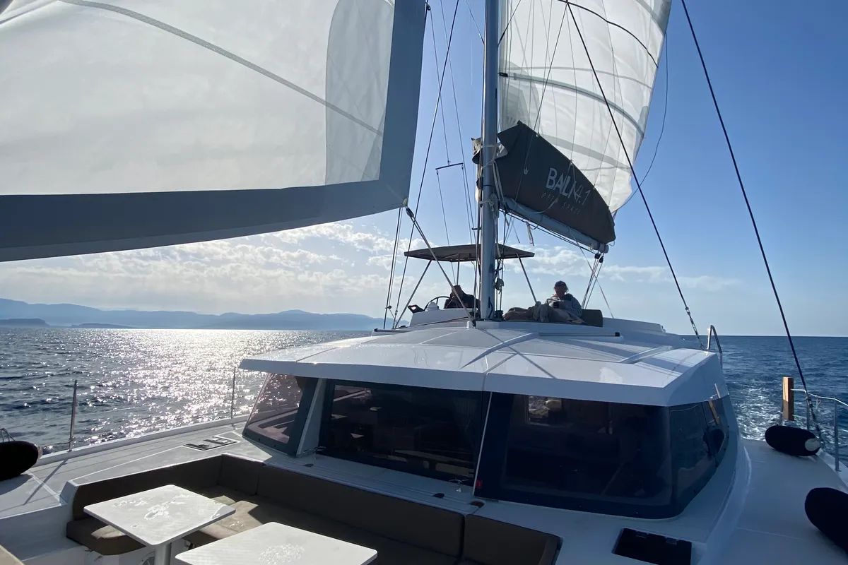 Deck of Nolima, a Bali 4.1 catamaran at Kontokali, Greece