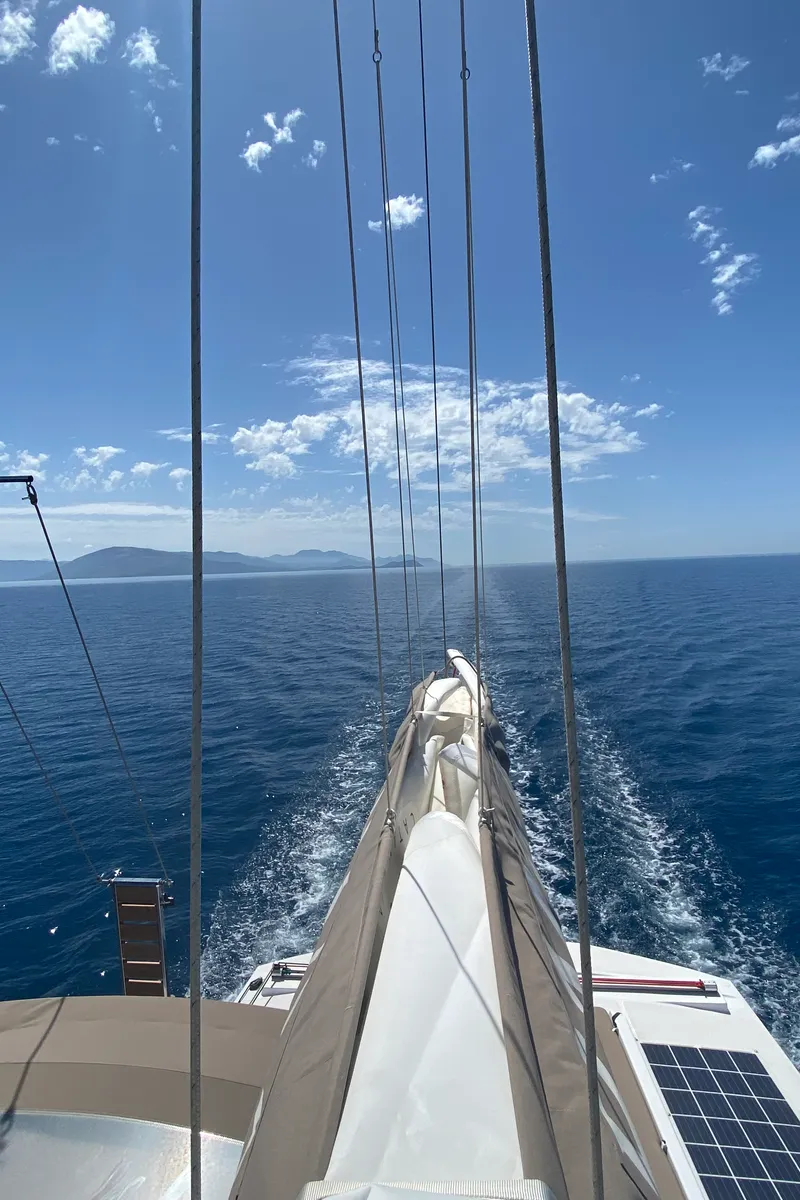 Deck of Nolima, a Bali 4.1 catamaran at Kontokali, Greece
