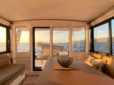 Salon of Nolima, a Bali 4.1 catamaran at Kontokali, Greece