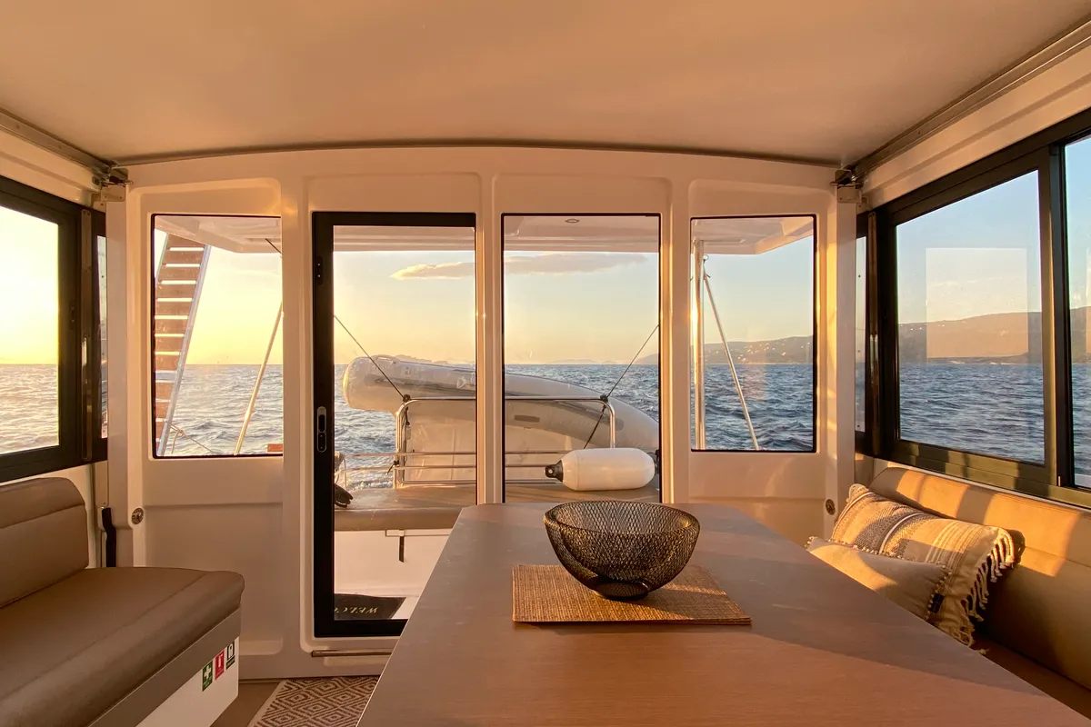 Salon of Nolima, a Bali 4.1 catamaran at Kontokali, Greece