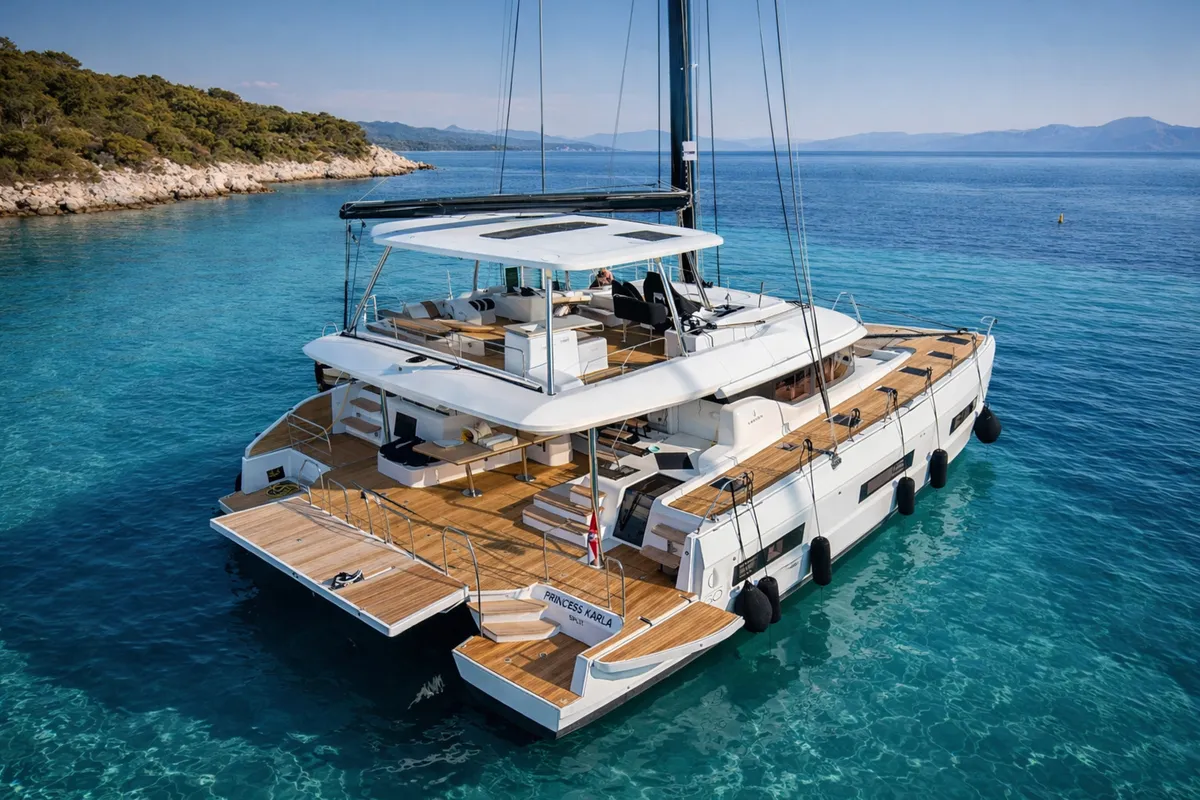 Exterior view of Princess Karla, a Lagoon 60 catamaran at Grad Kaštela, Croatia