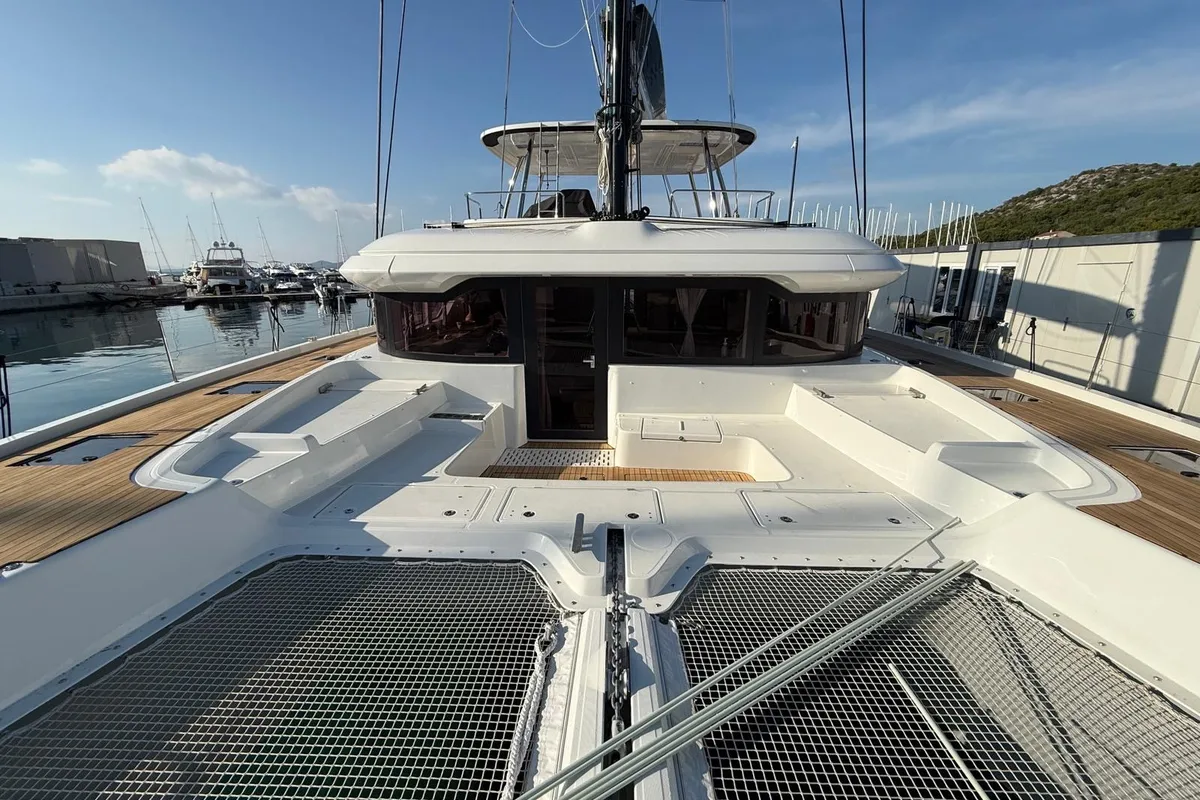 Deck of Princess Karla, a Lagoon 60 catamaran at Grad Kaštela, Croatia