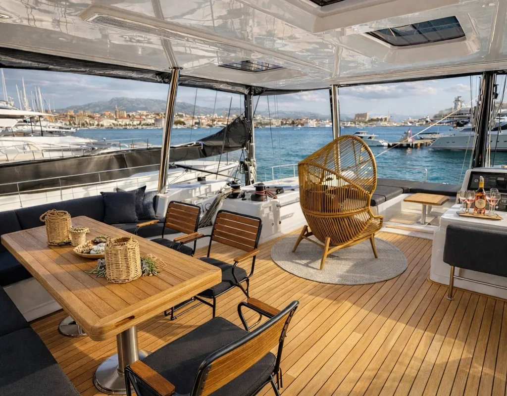 Deck of Princess Karla, a Lagoon 60 catamaran at Grad Kaštela, Croatia