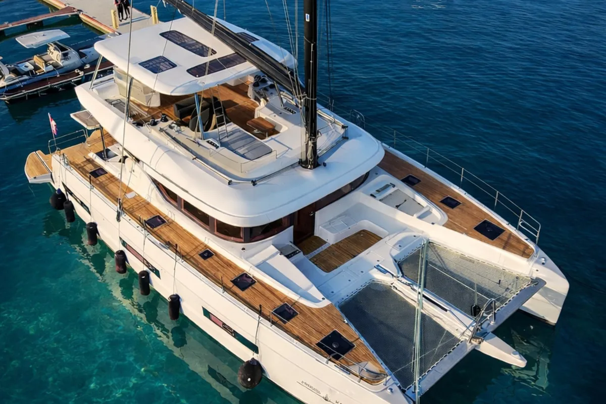 Exterior view of Princess Karla, a Lagoon 60 catamaran at Grad Kaštela, Croatia
