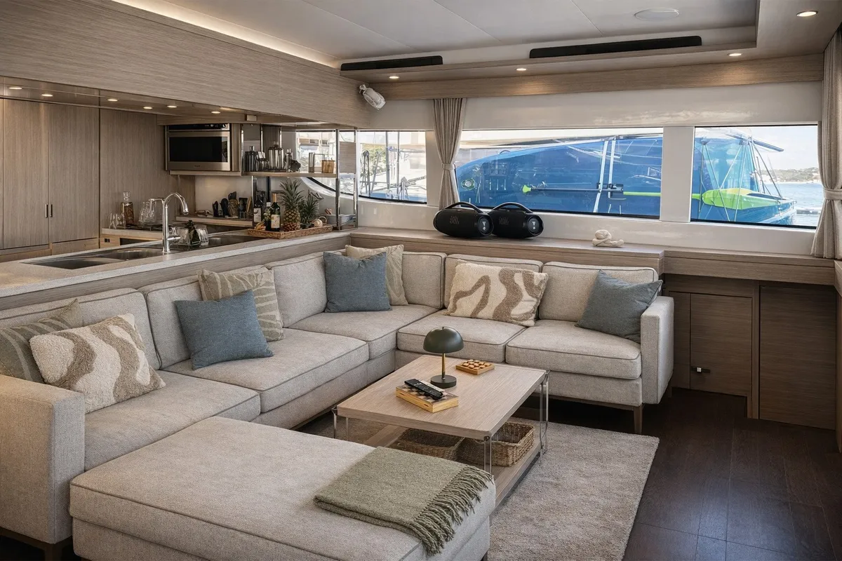 Salon of Princess Karla, a Lagoon 60 catamaran at Grad Kaštela, Croatia