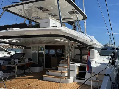 Deck of Princess Karla, a Lagoon 60 catamaran at Grad Kaštela, Croatia