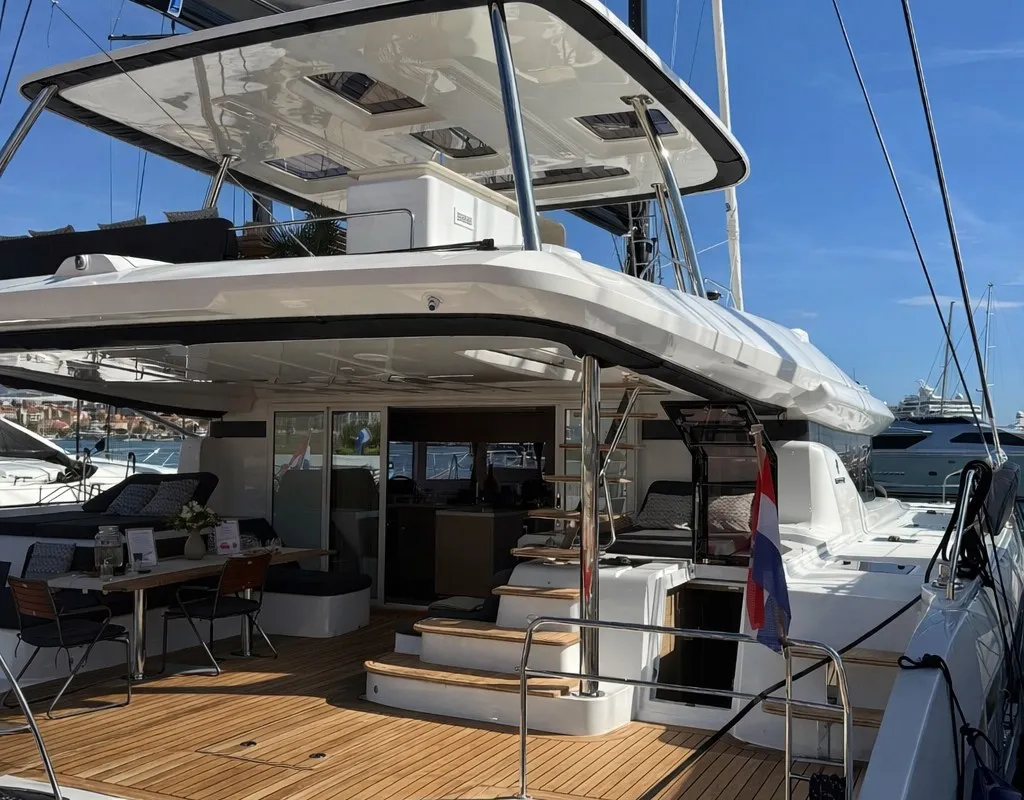 Deck of Princess Karla, a Lagoon 60 catamaran at Grad Kaštela, Croatia