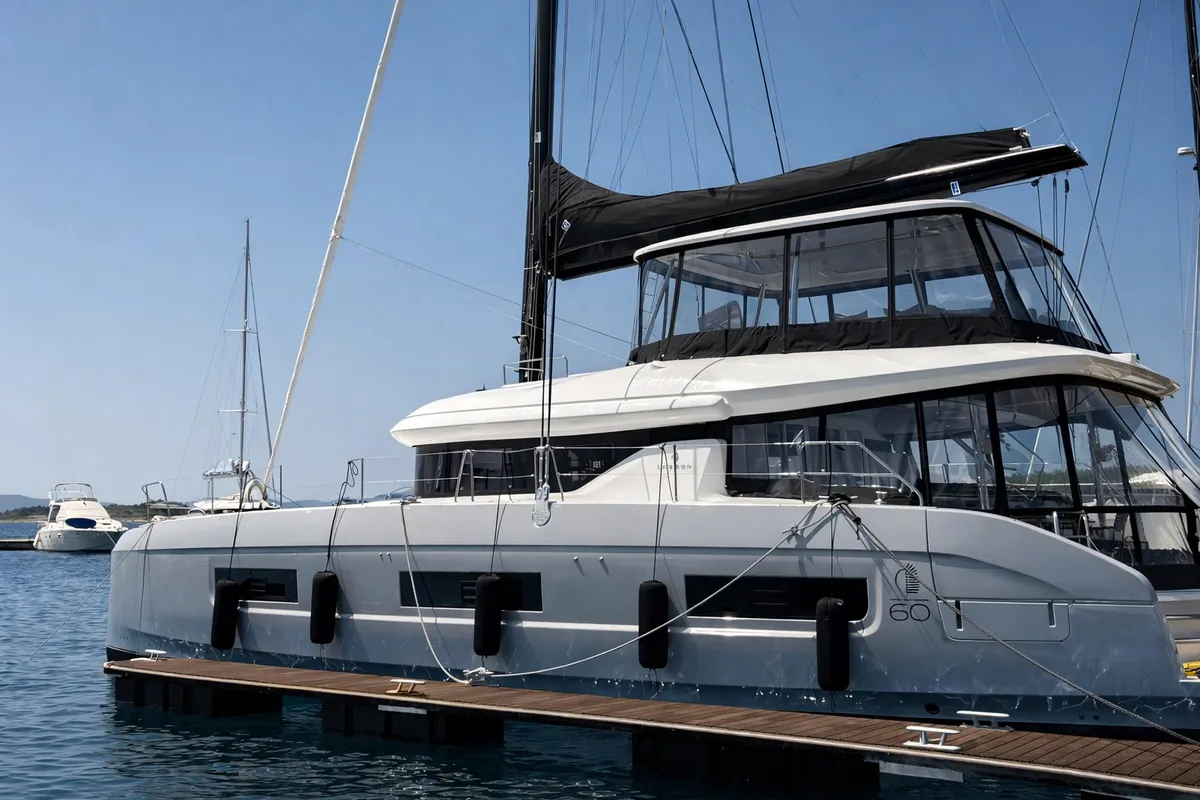 Exterior view of Princess Karla, a Lagoon 60 catamaran at Grad Kaštela, Croatia