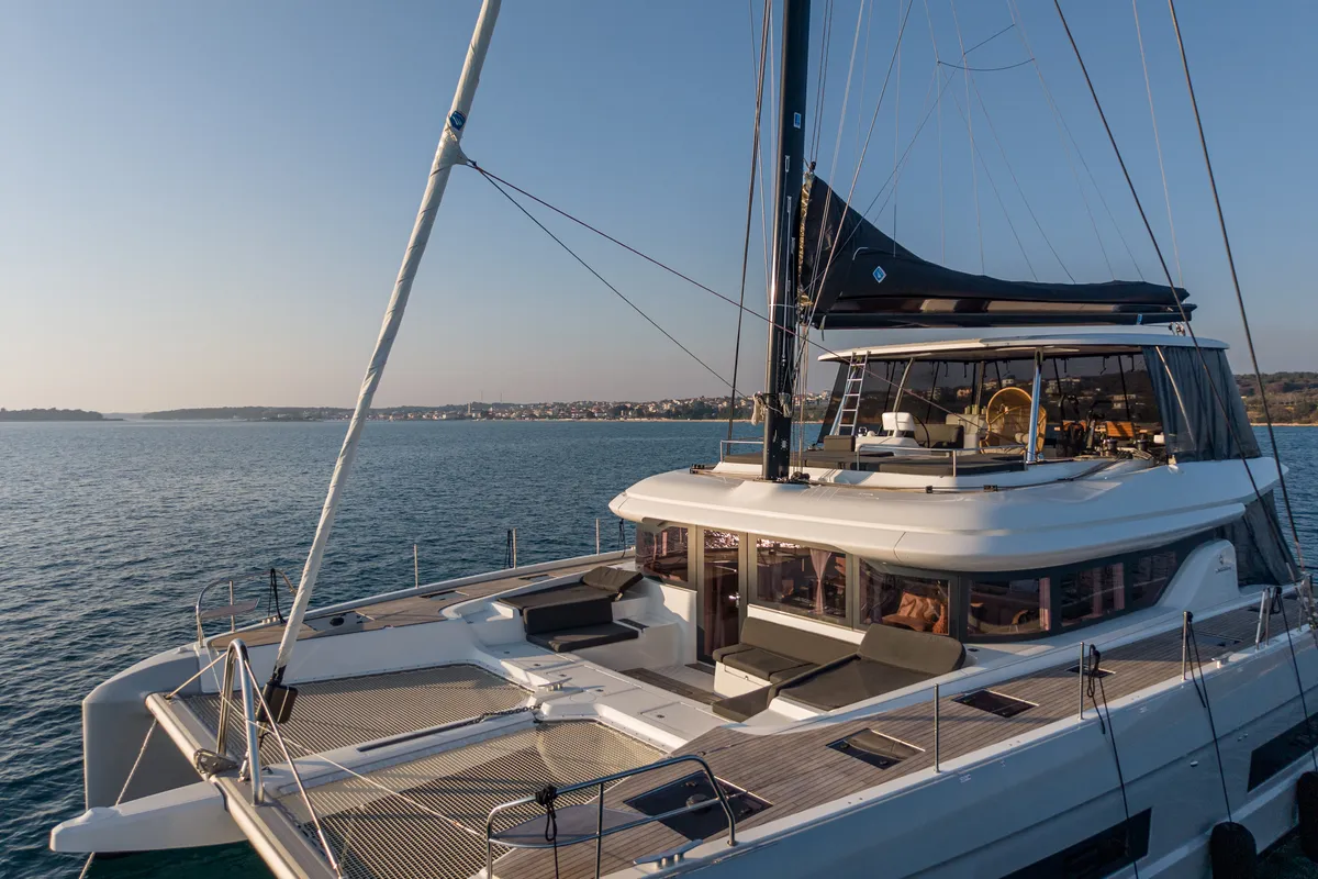 Exterior view of Princess Karla, a Lagoon 60 catamaran at Grad Kaštela, Croatia