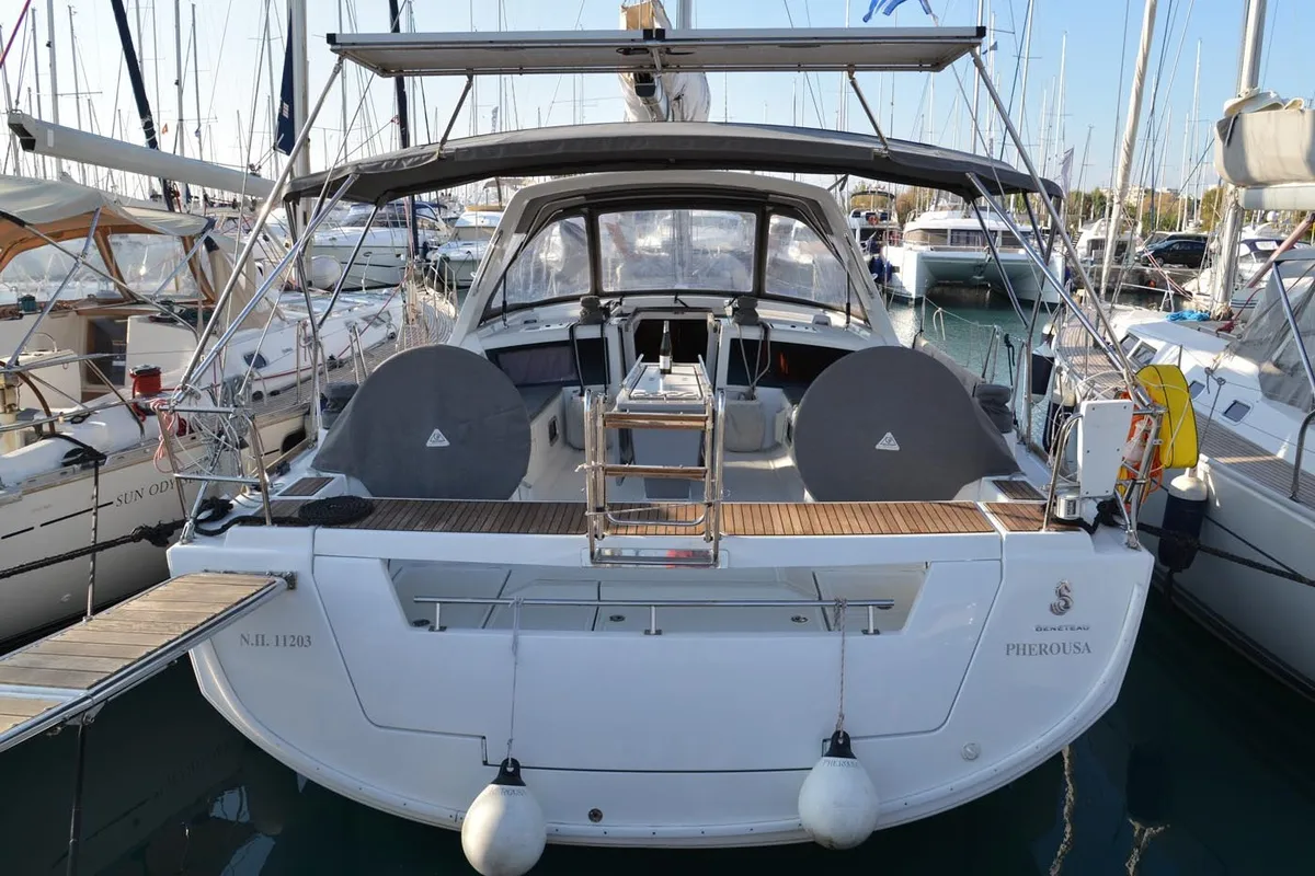 Exterior view of Pherousa, a Beneteau Oceanis 48 sailboat at Athens, Greece