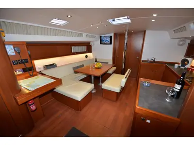 Salon of Pherousa, a Beneteau Oceanis 48 sailboat at Athens, Greece