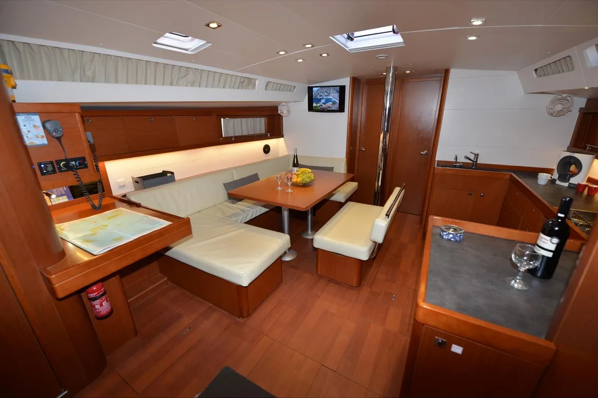 Salon of Pherousa, a Beneteau Oceanis 48 sailboat at Athens, Greece