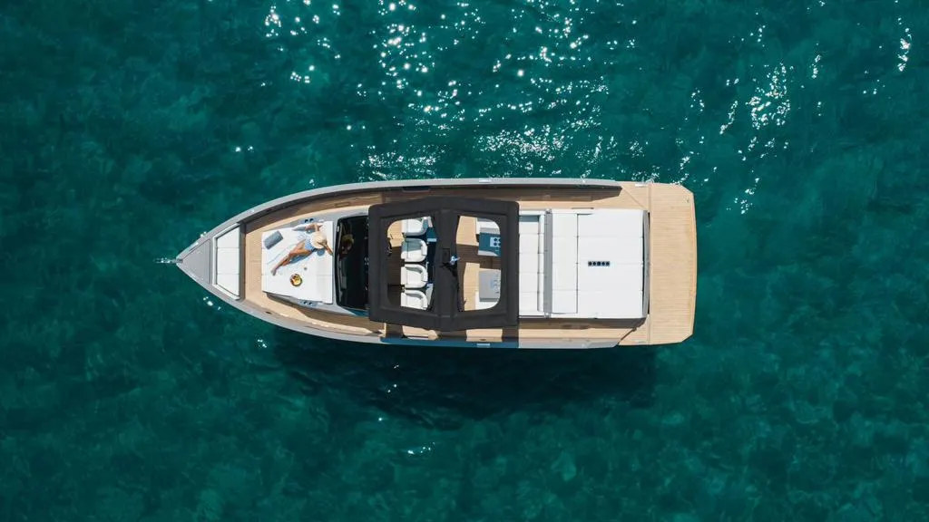 Exterior view of Infinity Blue, a De Antonio D42 motorboat at Kranidi, Greece