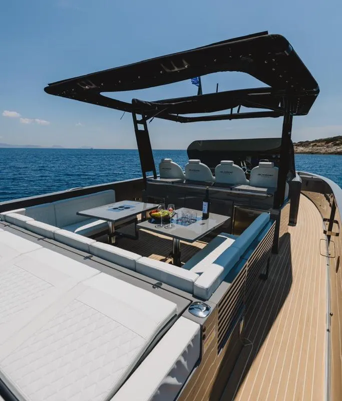 Deck of Infinity Blue, a De Antonio D42 motorboat at Kranidi, Greece