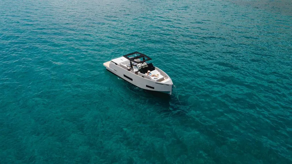 Exterior view of Infinity Blue, a De Antonio D42 motorboat at Kranidi, Greece