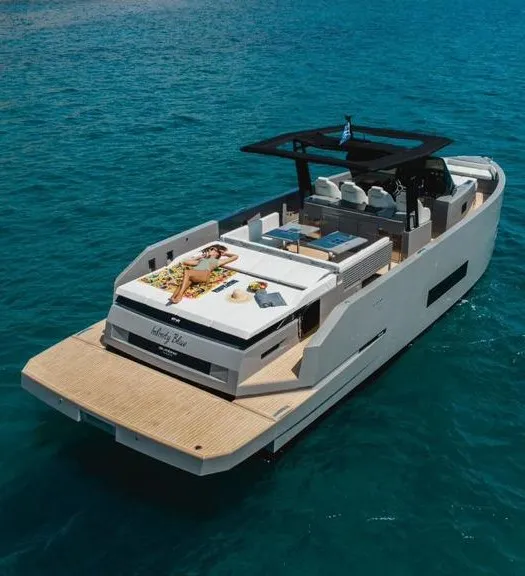 Exterior view of Infinity Blue, a De Antonio D42 motorboat at Kranidi, Greece