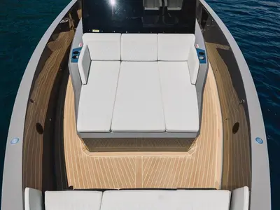 Deck of Infinity Blue, a De Antonio D42 motorboat at Kranidi, Greece