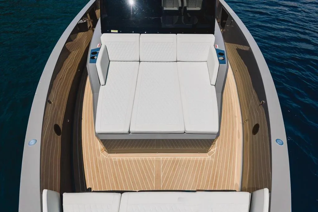 Deck of Infinity Blue, a De Antonio D42 motorboat at Kranidi, Greece