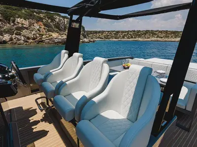 Cockpit of Infinity Blue, a De Antonio D42 motorboat at Kranidi, Greece
