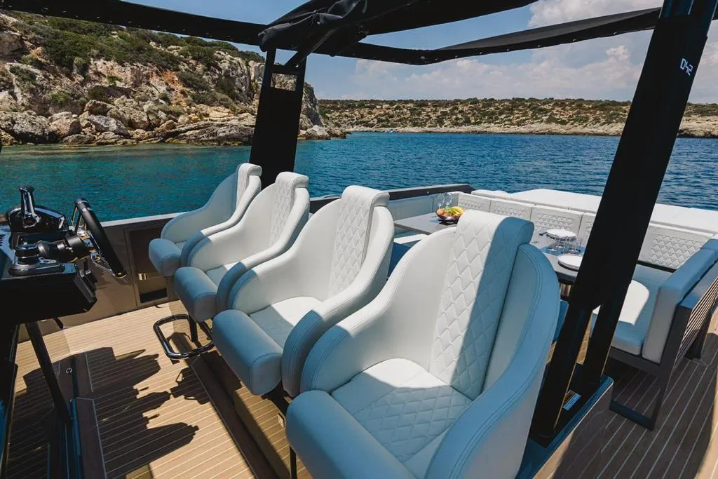 Cockpit of Infinity Blue, a De Antonio D42 motorboat at Kranidi, Greece