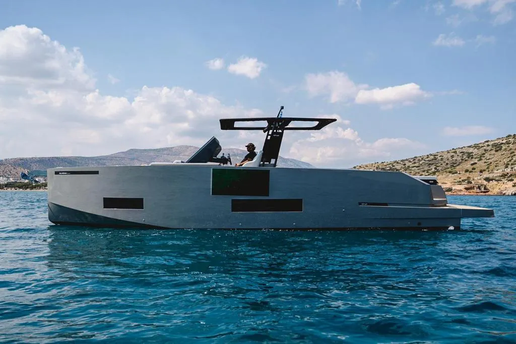 Exterior view of Infinity Blue, a De Antonio D42 motorboat at Kranidi, Greece