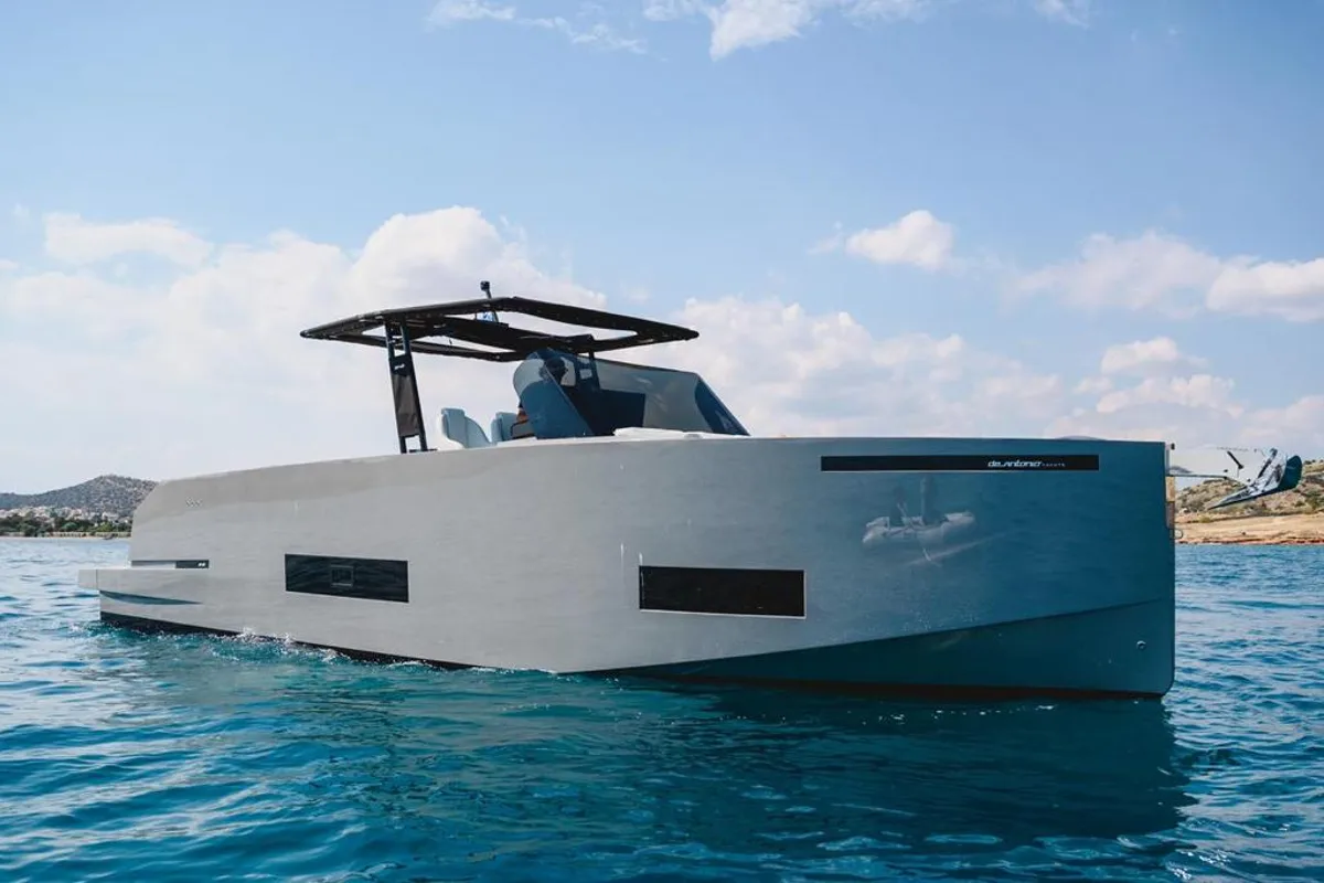 Exterior view of Infinity Blue, a De Antonio D42 motorboat at Kranidi, Greece