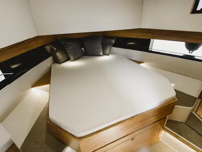 Cabin on Infinity Blue, a De Antonio D42 motorboat at Kranidi, Greece
