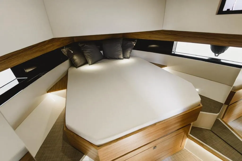 Cabin on Infinity Blue, a De Antonio D42 motorboat at Kranidi, Greece