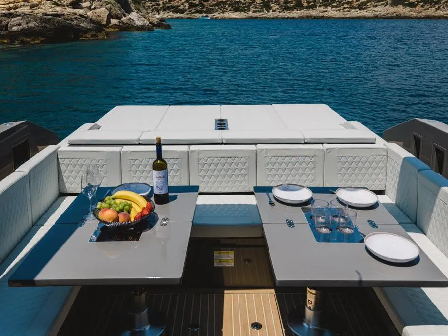 Deck of Infinity Blue, a De Antonio D42 motorboat at Kranidi, Greece