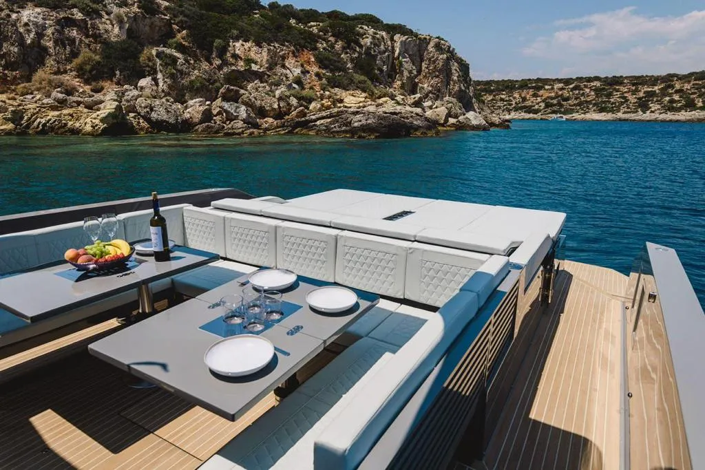 Deck of Infinity Blue, a De Antonio D42 motorboat at Kranidi, Greece