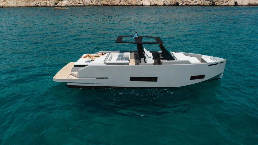 Exterior view of Infinity Blue, a De Antonio D42 motorboat at Kranidi, Greece
