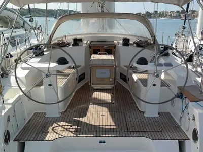 Cockpit of Alena, a Bavaria Cruiser 45 sailboat at Palma de Mallorca, Spain