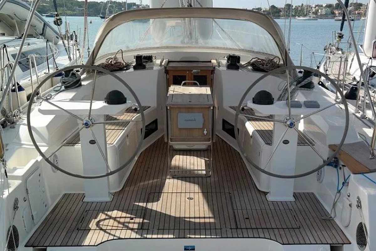 Cockpit of Alena, a Bavaria Cruiser 45 sailboat at Palma de Mallorca, Spain