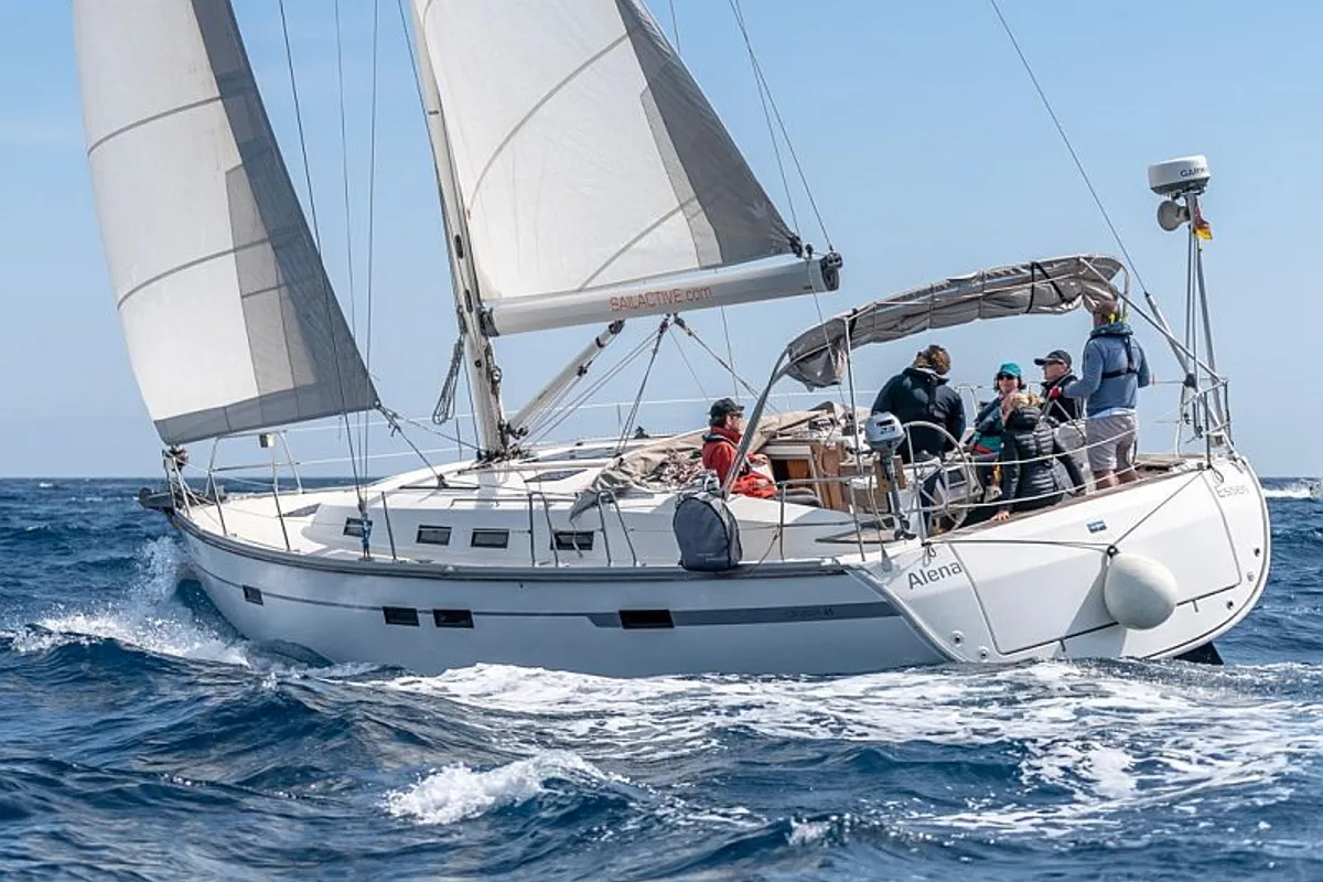 Exterior view of Alena, a Bavaria Cruiser 45 sailboat at Palma de Mallorca, Spain