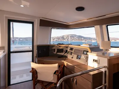 Cockpit of Gorgo, a Bali 4.4 catamaran at Municipal Unit of Rhodes, Greece