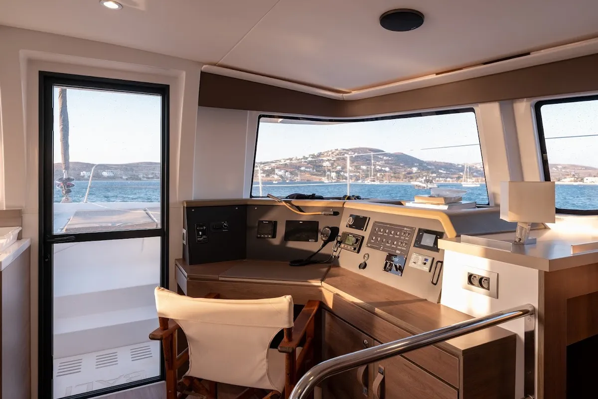 Cockpit of Gorgo, a Bali 4.4 catamaran at Municipal Unit of Rhodes, Greece