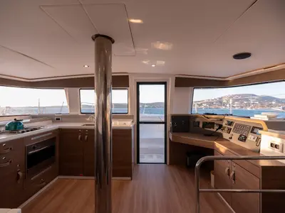 Salon of Gorgo, a Bali 4.4 catamaran at Municipal Unit of Rhodes, Greece