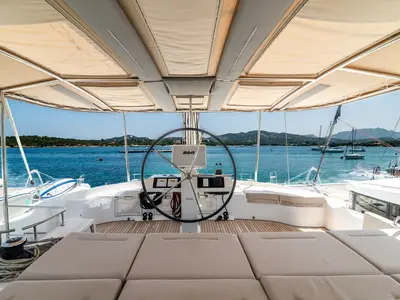 Cockpit of Big Daddy, a Lagoon 52F catamaran at Olbia, Italy