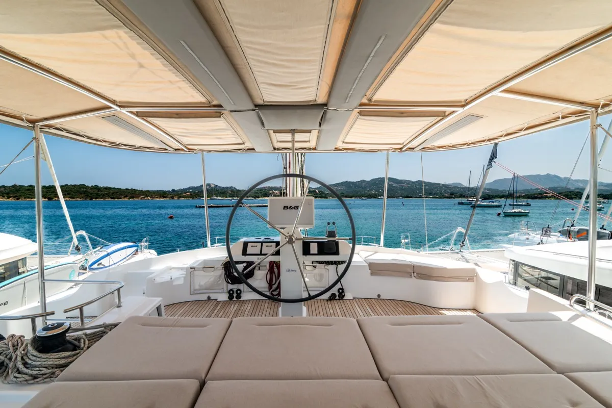 Cockpit of Big Daddy, a Lagoon 52F catamaran at Olbia, Italy