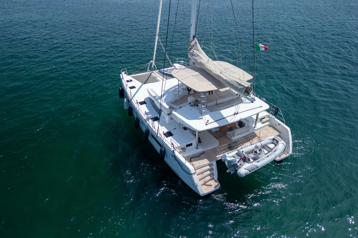 Exterior view of Big Daddy, a Lagoon 52F catamaran at Olbia, Italy