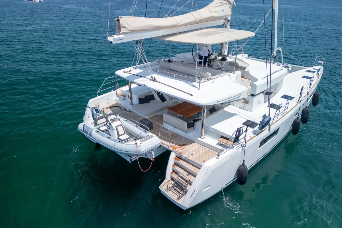 Exterior view of Big Daddy, a Lagoon 52F catamaran at Olbia, Italy