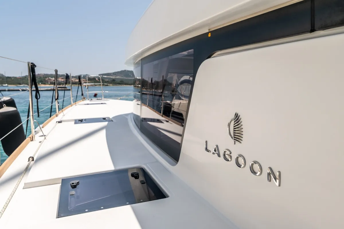Exterior view of Big Daddy, a Lagoon 52F catamaran at Olbia, Italy