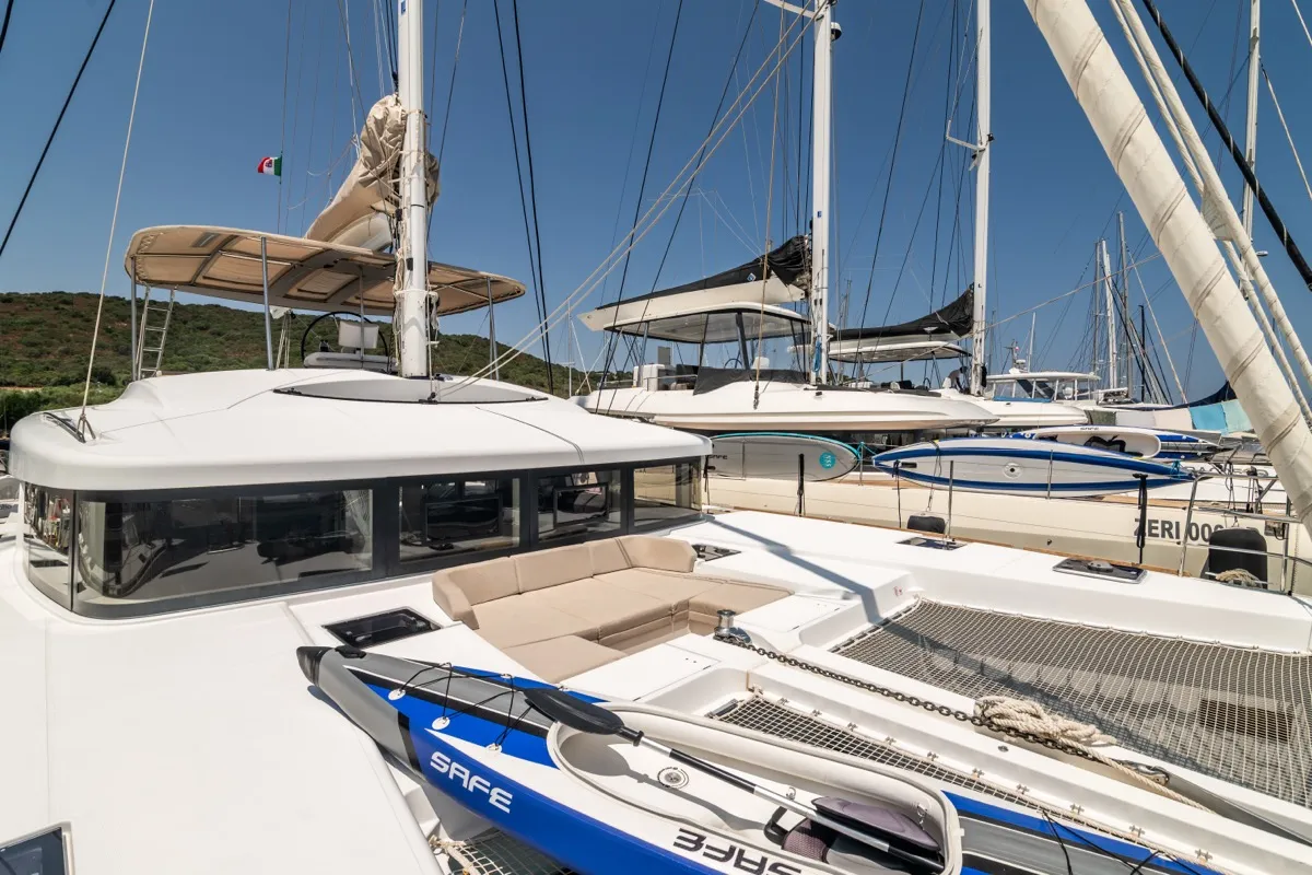 Deck of Big Daddy, a Lagoon 52F catamaran at Olbia, Italy