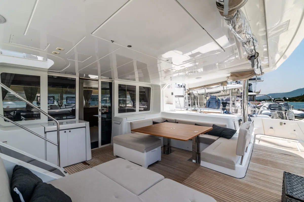 Deck of Big Daddy, a Lagoon 52F catamaran at Olbia, Italy
