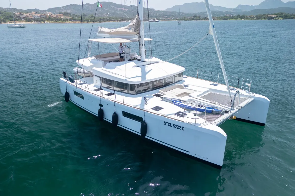 Exterior view of Big Daddy, a Lagoon 52F catamaran at Olbia, Italy