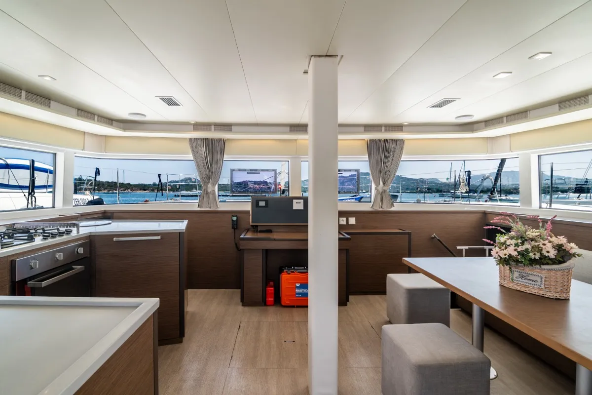 Salon of Big Daddy, a Lagoon 52F catamaran at Olbia, Italy